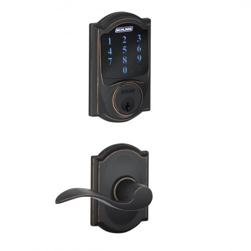 Schlage Connect Touchscreen Deadbolt with Alarm with Camelot Trim Paired with Accent Lever with Camelot Trim - Aged Bronze