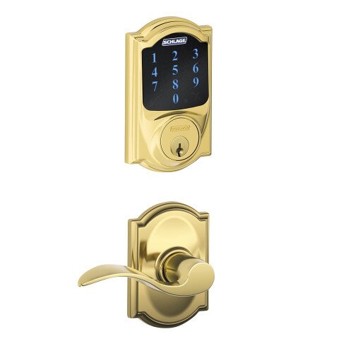 Schlage Connect Touchscreen Deadbolt with Alarm with Camelot Trim Paired with Accent Lever with Camelot Trim
