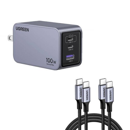 Ugreen Nexode Pro 100W 3-Port GaN Fast iPhone Charger + 100W 2-Pack USB C to USB C Cable 3.3FT