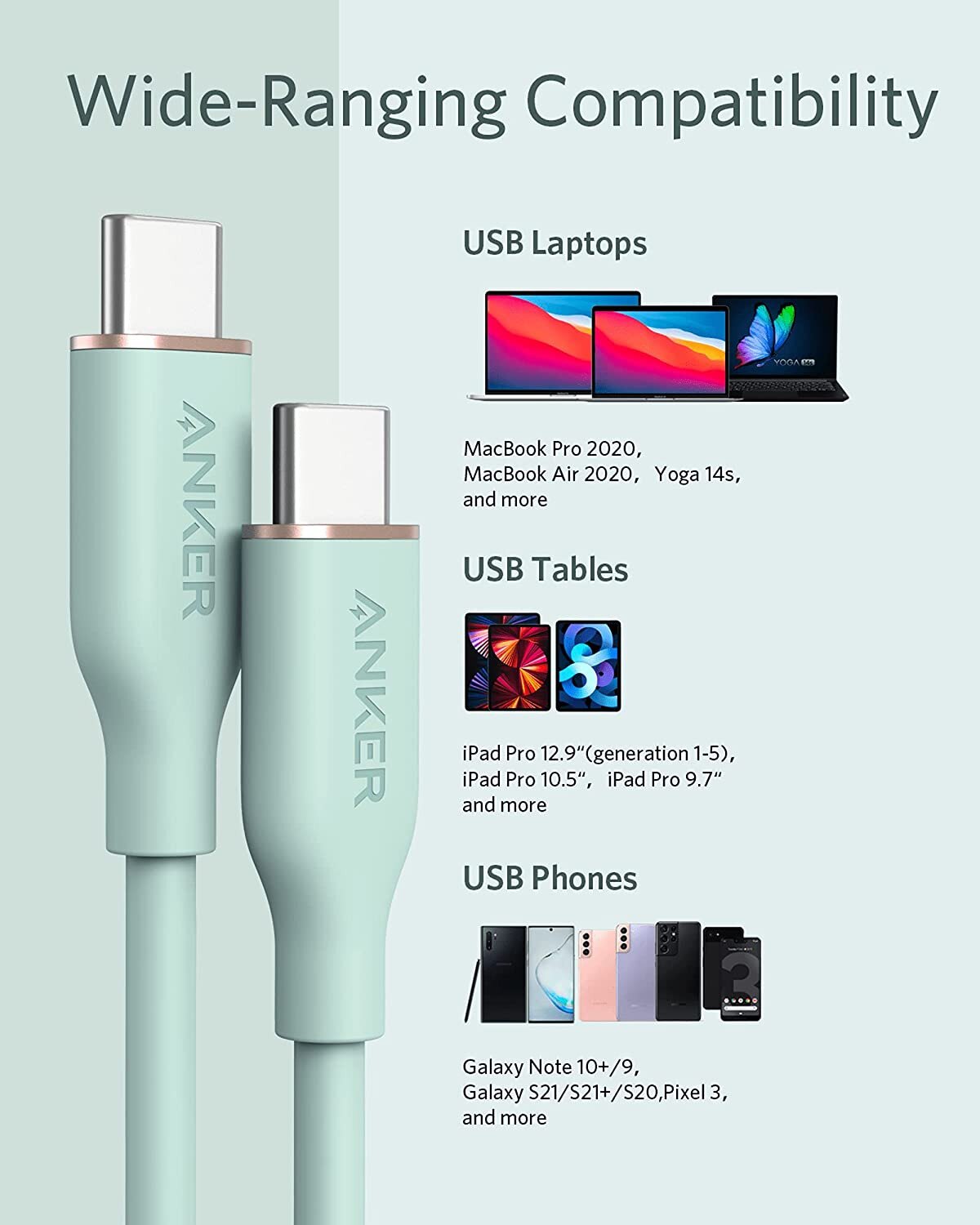 Buy Anker 643 PowerLine III Flow Silicone Cable USBC to USBC 6ft Mint Green online in